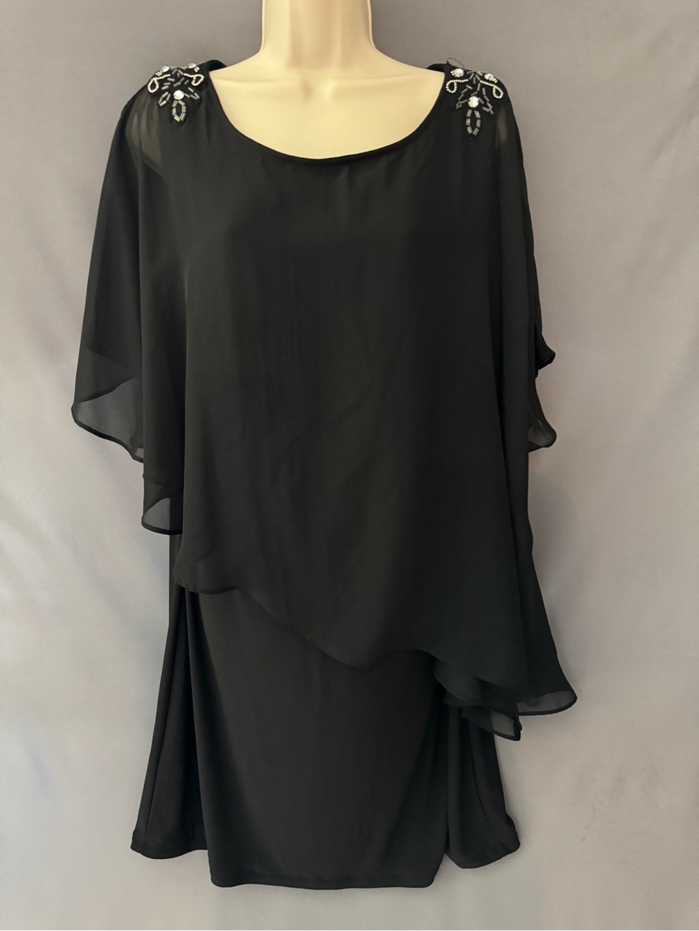 Black cocktail dress flowing chiffon overlay beaded detail at shoulders Size 14